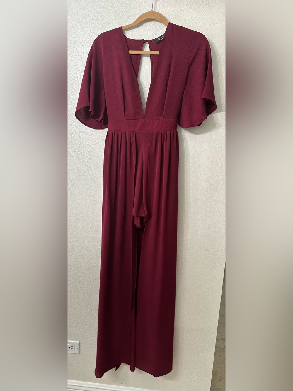 Deep Wine V-Neck Flutter Sleeve Maxi Dress